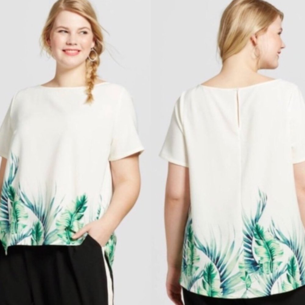 Ava & Viv Cream short sleeve Palm print shirt